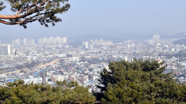 2019년 새해 첫 미세먼지 비상저감조치가 발령된 13일 수원시 팔달산에서 바라본 도심이 미세먼지로 뿌옇게 흐려진 모습을 보이고 있다.전형민기자