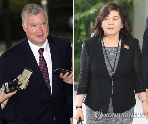 스티븐 비건 미국 국무부 대북정책특별대표(왼쪽)와 최선희 북한 외무성 부상[연합뉴스 자료사진]