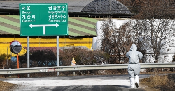 구제역 위기경보가 '주의'단계 '경계'단계로 격상된 30일. 안성 금광면의 젖소 농장 근처에서 방역 관계자가 길에 뿌려진 석회가루를 확인하고 있다.  윤원규 수습기자