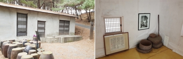 의정부에 살았던 고 천상병 시인의 고택이 안면도로 옮겨져 있는 모습(왼쪽)과 고택 내부 방의 모습.