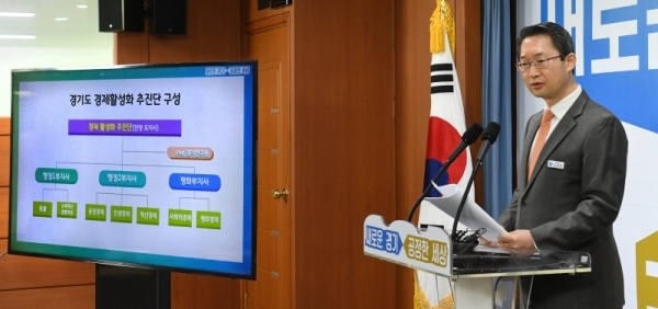 김희겸 경기도 행정1부지사가 13일 경기도청 브리핑룸에서 2019년 경기도 경제 활성화 정책을 발표하고 있다. 이날 김희겸 부지사는 공정경쟁의 기틀 위에 지속 가능한 혁신성장이란 목표를 세우고 중점 추진 과제들을 설명했다. 윤원규 수습기자