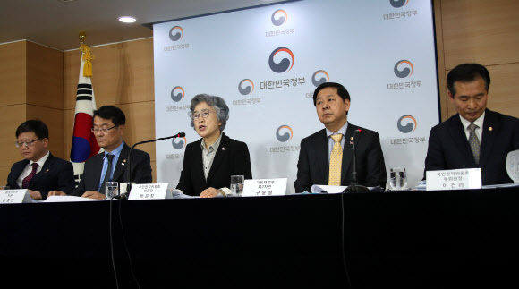 박은정 국민권익위원회 위원장이 20일 정부서울청사에서 ''공공기관 채용실태 정기 전수조사 결과 및 개선대책'' 정부 합동 발표를 하고 있다. 왼쪽부터 임서정 고용노동부 차관, 윤종인 행안부 차관, 박 위원장, 구윤철 기재부 2차관. 이건리 국민권익위원회 부위원장. 연합뉴스
