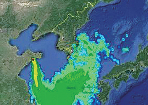 한국원자력안전기술원이 아시아 최대 원전인 중국 산둥 반도 하이양(Haiyang) 원전에서 사고를 가정한 결과, 바람을 타고 한반도에 방사능이 어디까지 영향을 미치는지 시뮬레이션(simulation)화 했다. 한국원자력안전기술원·김경진 의원실 제공
