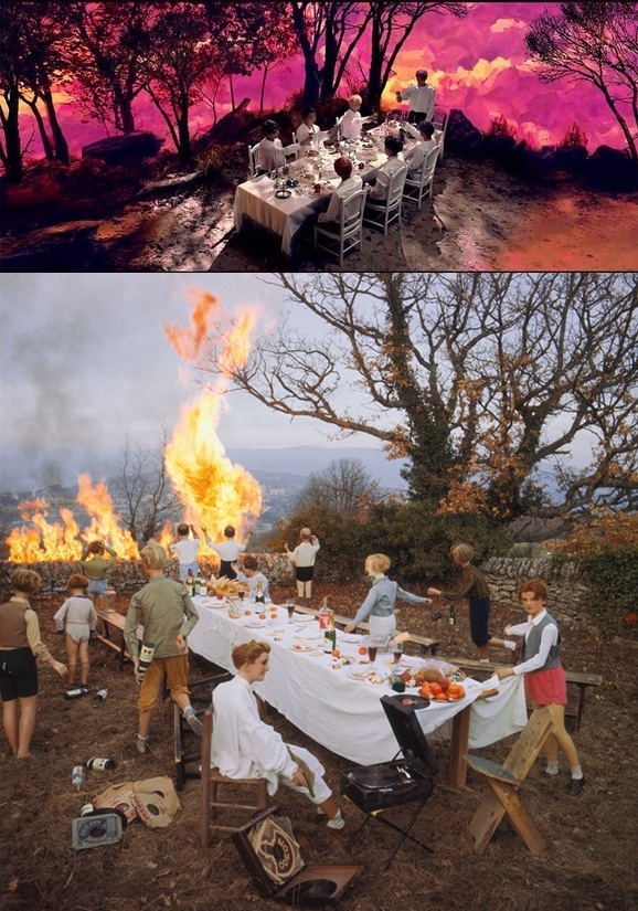 방탄소년단 '피땀눈물' 뮤직비디오의 한 장면(위)과 베르나르 포콩의 '향연'(le banquet)(아래)
