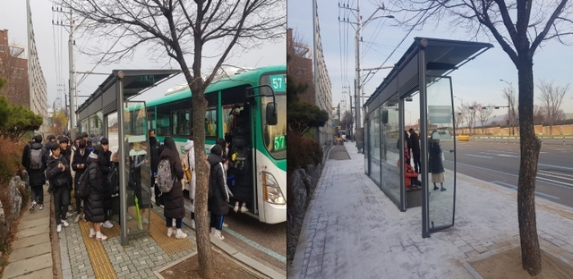 좁고 위험하던 성남 효성고등학교 앞 보행로(왼쪽)가 학생들의 요구에 따라 시의 개선작업을 통해 폭이 늘어나는 등 통학여건이 개선된 모습. 정민훈기자