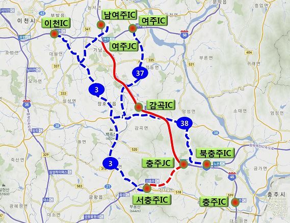 우회도로 노선 안내도(중부내륙선 근거리)