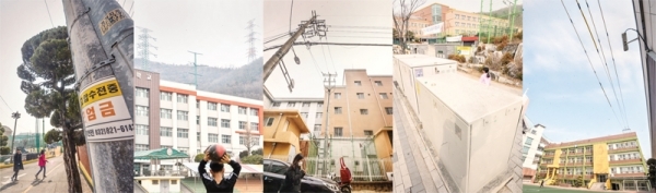 (사진 왼쪽부터)창영초교는 학교 안에 고압 전신주, 봉수초교는 인근에 송전탑, 구월여중은 고압 전신주가 학교 내부 건물과 가깝게, 만월중은 정문 앞에 고압 변압기 박스가 각각 설치돼 있고, 인성초교는 외부 고압선이 학교 운동장을 가로질러 건물 옥상에 송전로로 이어져 있다. 조주현기자