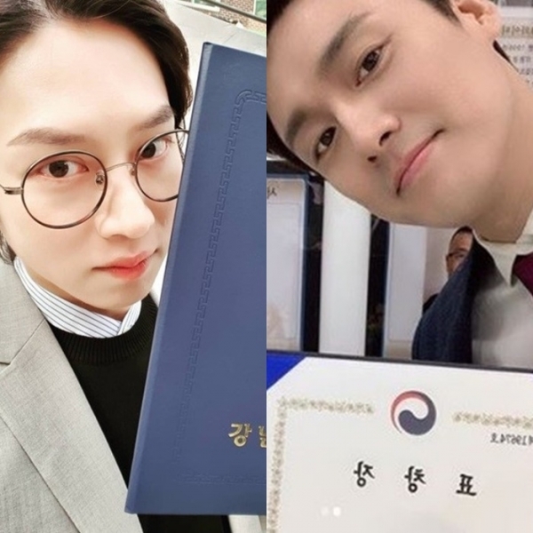 가수 김희철(왼쪽)과 방송인 오상진이 모범 납세자 표창을 받은 뒤 인증샷을 공개했다. 김희철 오상진 인스타그램