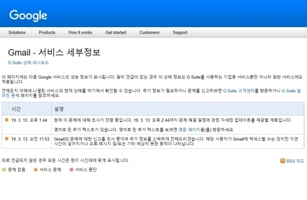 구글 G Suite 상태 대시보드 캡처