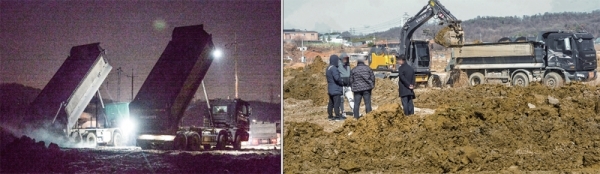 지난 8일 새벽 수성자원개발이 25t 트럭을 이용해 경기도 시흥시 안현동 일대 농지에 무기성오니를 무단 투기하고 있다.(사진 왼쪽) 13일 오후 25t 트럭을 이용해 자신들이 버린 무기성오니를 치우고 있다. 조주현기자