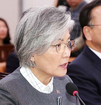 강경화 외교부 장관이 21일 오전 국회에서 열린 남북경제협력특위 전체회의에서 의원질의에 답변하고 있다. 연합뉴스
