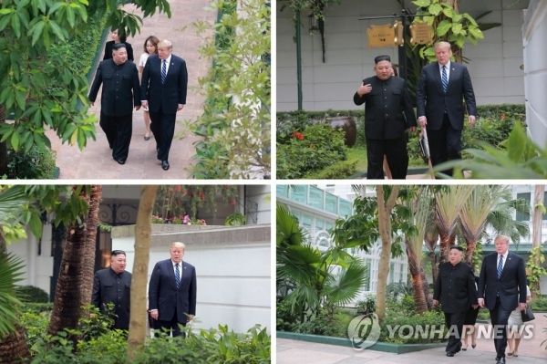 북한 노동당 기관지 노동신문은 1일 지난달 28일 베트남 하노이에서 열린 제2차 북미정상회담을 보도했다. 사진은 김정은 국무위원장과 도널드 트럼프 미국 대통령이 전날 메르로폴 호텔에서 산책하는 모습.