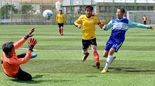 13일 안성맞춤 축구장에서 열린 ‘2019 안성맞춤컵 전국 50, 60대 축구대회’  50대 부문 에서 오산50대축구단과 안성GOOD FC가 경기를 하고 있다. 전형민기자