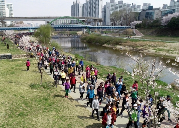 대한민국 임시정부수립 100주년 기념 '2019 의정부 한마음 건강걷기대회'가 열린 13일 의정부시 발곡역 동막교광장에서 참가자들이 화창한 봄날씨 속에 벚꽃이 만개한 중랑천변을 걷고 있다. 의정부시체육회와 경기일보 주관으로 열린 이번 걷기대회에는 6천여 명의 시민과 자원봉사자들이 참가해 건강걷기와 공연, 각종 체험행사 등을 즐겼다. 김시범기자