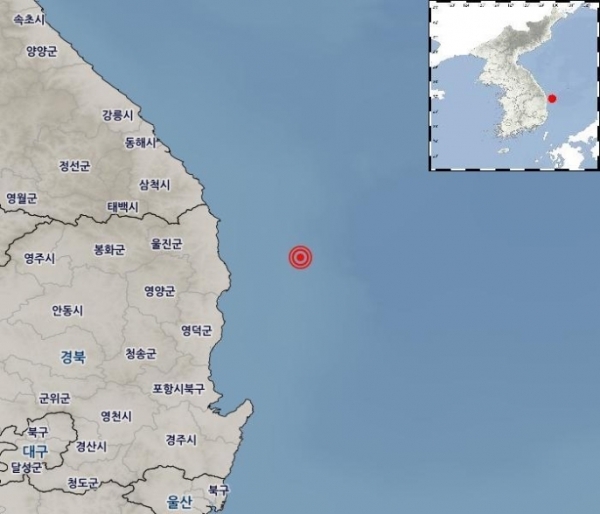 경북 울진군 동남동쪽 38㎞ 해역에서 규모 3.8의 지진이 발생했다. 기상청 홈페이지