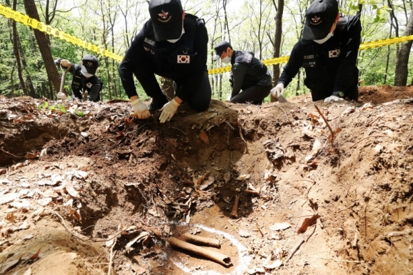 1일 오후 의왕시 모락산에서 국방부 유해발굴감식단이 전사자 것으로 추정되는 유골을 수습하고 있다. 모락산 일대는 6ㆍ25 전쟁 당시 1951년 1월 말부터 2월 중순 사이에 국군 1사단과 미 25사단, 터키여단 1개 대대 등이 북한군과 중공군을 상대로 치열한 전투를 벌였던 곳으로 이번 발굴작업에는 국방부 유해발굴감식단, 수도군단 유해발굴단, 육군 51사단 장병들이 참여했다. 윤원규 기자