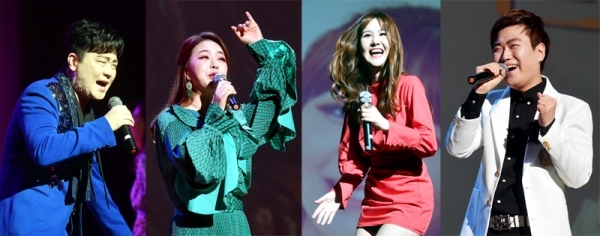 9일 가평군 가평문화예술회관에서 열린 ‘가평 효 콘서트’에서 (왼쪽부터)가수 박현빈·금잔디·윤수현·호별이 열띤 공연을 하고 있다. 전형민기자