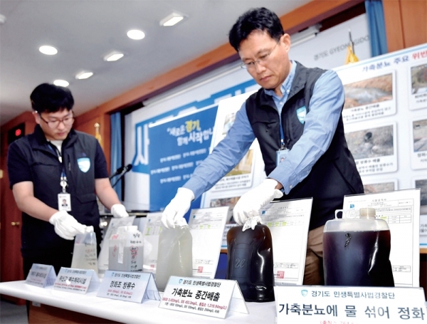 ▲ 경기도청 특별사법경찰단이 가축분뇨나 공장폐수를 정화처리 없이 하천이나 임야에 불법적으로 배출한 업체 및 축산농가를 적발해 그중 54개소를 형사입건 했다고 23일 밝혔다. 특사경 직원들이 가축분뇨, 폐수  시료 등을 공개하고 있다.  전형민기자