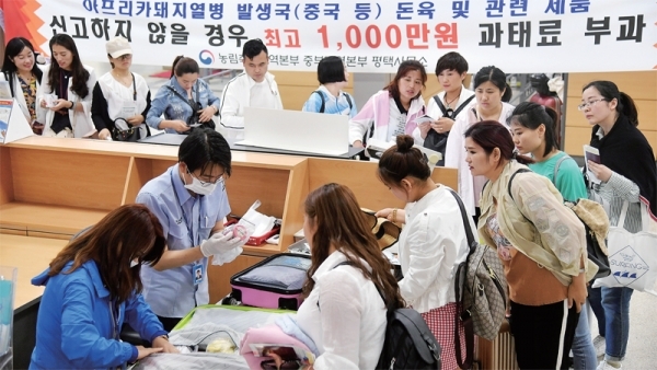 29일 평택항 국제여객터미널에서 검역 관계자들이 입국자들을 대상으로 수하물 검사를 하고 있다. 경기도는 이날 중국, 동남아 등에서 확산되고 있는 아프리카돼지열병(ASF)의 국내 유입을 막기 위해 해외여행객, 수입축산물 판매업소, 축산농가 등을 대상으로 검역 및 방역활동에 총력을 기울이겠다고 밝혔다. 김시범기자
