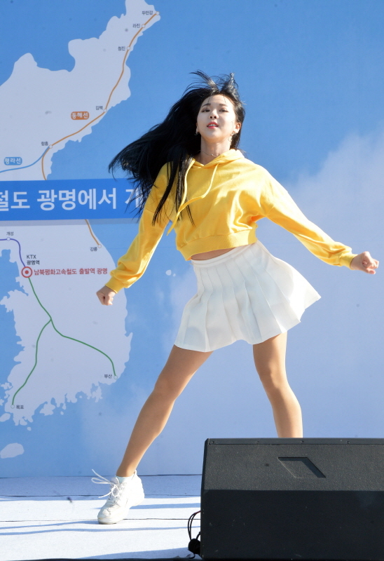 '2019 KTX 광명역 평화마라톤대회'가 열린 2일 광명역 일원에서 LG 트윈스 치어리더들이 준비운동을 선보이고 있다. 남북평화고속철도 광명에서 개성까지 염원을 담아 열린 이번 대회는 광명시체육회와 KTX 광명역 남북평화철도 출발역 육성 범시민대책위가 주최하고 경기일보 등이 후원했다. 윤원규기자