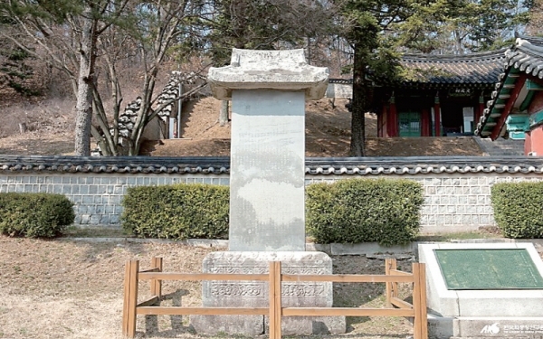 서원 역사를 알리는 묘정비(廟庭碑). 비문은 노론의 영수 송시열(宋時烈)이 짓고 예서체의 글씨는 김수증(金壽增), 비명(碑銘)은 당대 권신(權臣)이며 명필 김수항(金壽恒)이 썼다.