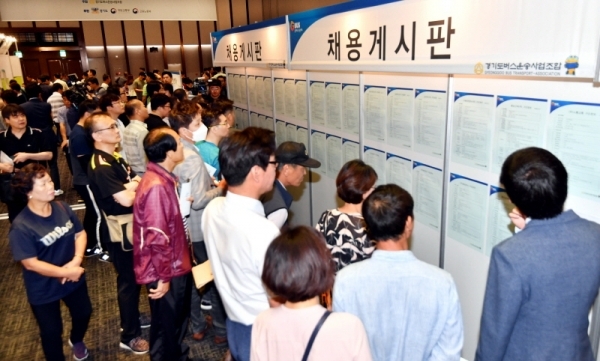 20일 수원시 영통구 수원컨벤션센터에서 열린 ‘경기도 버스승무사원 채용 박람회’에서 구직자들이 채용 게시판을 살펴보고 있다. 오는 21일 오후 5시까지 열리는 이번 버스승무사원 채용 박람회에서는 경기 지역 30개 주요 버스사업장(300인 이상 고용 17개 업체, 300인 미만 고용 13개 업체)이 참가해 1대 1 취업상담을 통해 구직자를 채용한다.전형민기자