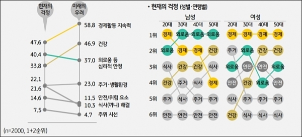 1인 생활의 걱정거리(단위: %). 자료/2019 한국 1인가구 보고서, KB금융지주 경영연구소
