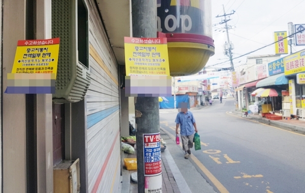 25일 오전 10시 발안시장 인근 전봇대에 중고자동차 매매상의 전단지가 붙어 있는 모습. 이상문기자