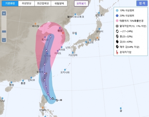 제5호 태풍 '다나스' 예상 이동 경로. 기상청 홈페이지