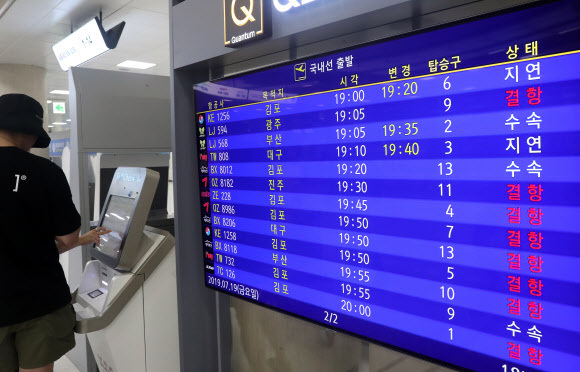 제5호 태풍 ''다나스''의 영향으로 19일 오후 제주공항 항공편 운항에 차질을 빚고 있다. 연합뉴스
