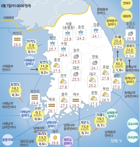 8월 7일 오전 8시 날씨 현황. 기상청 홈페이지