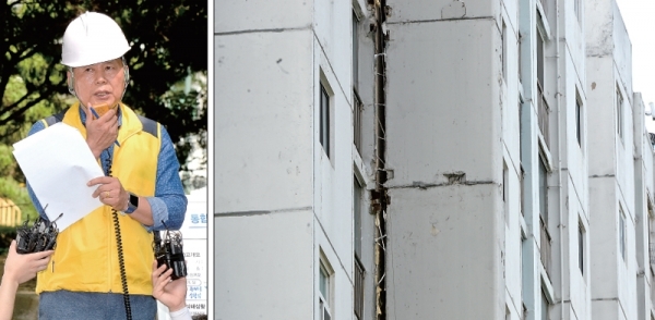 이영인 수원시청 도시정책실장이 19일 오전 수원시 권선구 한 아파트에서 발생한 균열에 대한 현장브리핑을 하고 있다. 지난 18일 발생한 균열로 해당 동의 주민들은 긴급대피했으며 전문가의 긴급 점검결과 아파트 7~15층 구간의 아파트 환기구조물의 이음부분이 떨어진 것으로 확인됐다. 윤원규기자