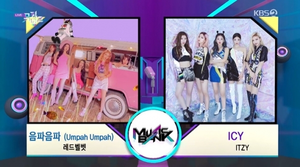 '뮤직뱅크'에서는 레드벨벳과 ITZY가 8월 마지막 주 1위 후보에 올랐다. 방송 캡처