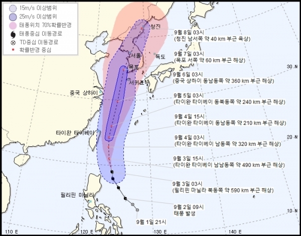 제13호 태풍 링링(LINGLING) 예상 이동 경로. 기상청 홈페이지