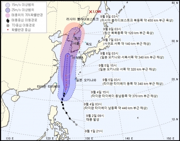 제13호 태풍 '링링' 예상 이동경로. 기상청