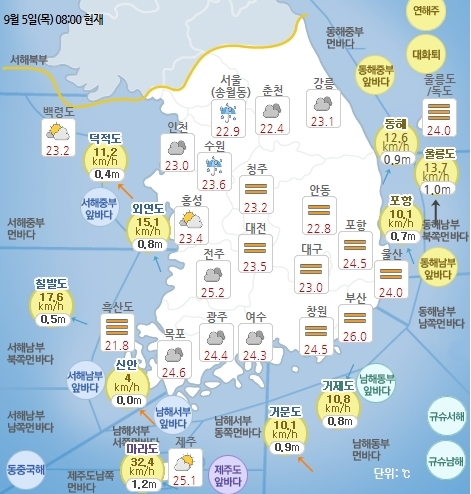 9월 5일 오전 8시 기준 날씨 현황. 기상청 홈페이지
