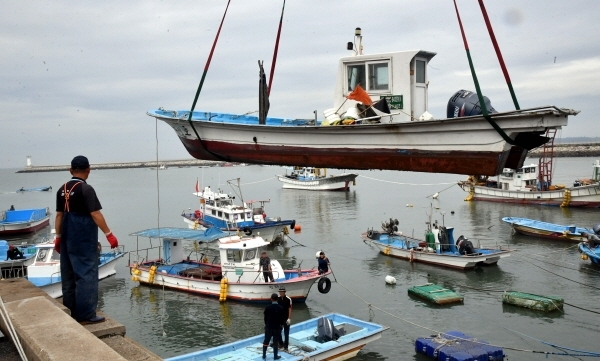 제13호 태풍 ‘링링’이 한반도를 관통할 것으로 예상되면서 5일 화성시 궁평항에서 어민들이 태풍 피해를 막기 위해 크레인을 이용해 어선을 육지로 옮기고 있다.전형민기자
