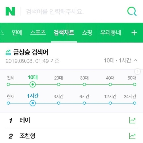 조찬형과 테이의 이름이 나란히 포털사이트 실시간 검색어 순위에 랭크됐다. 조찬형 인스타그램