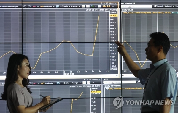 사우디아라비아 주요 석유시설과 유전이 무인기(드론) 공격을 받아 가동 중단되면서 국제유가가 오르고 있다. 16일 한국석유공사 울산 본사에서 직원들이 런던 ICE 선물거래소 브렌트유 가격 추이를 살피고 있다.