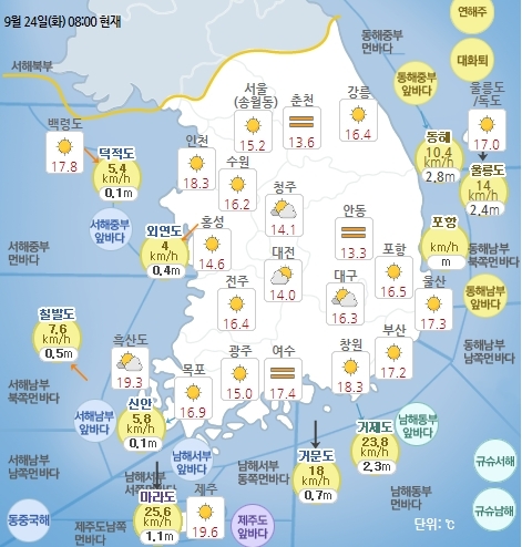 9월 24일 오전 8시 기준 날씨 현황. 기상청 홈페이지
