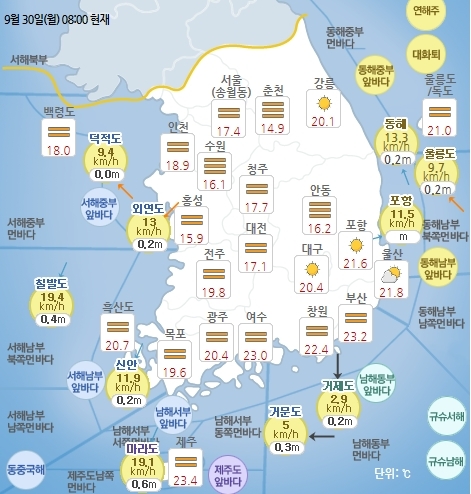 9월 30일 오전 8시 기준 날씨 현황. 기상청 홈페이지