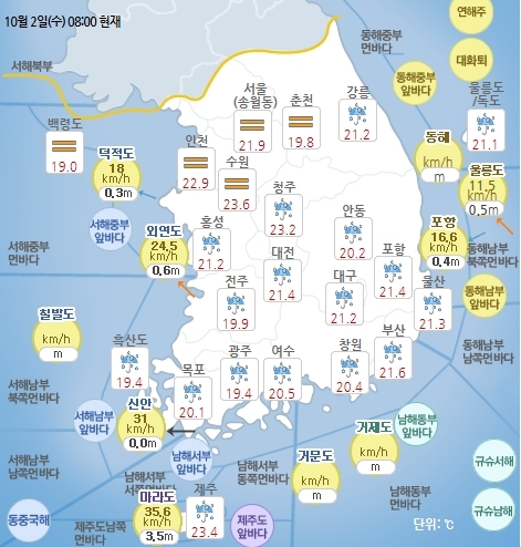 10월 2일 오전 8시 기준 날씨 현황. 기상청 홈페이지