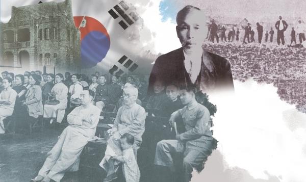 1943년 4월 중경에서 열린 자유한인대회에 참석한 윤기섭과 첫째딸, 왼편은 김규식 선생.