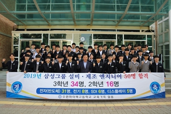 이의근 수원하이텍고등학교 교장과 삼성그룹 엔지니어 합격 재학생들이 파이팅을 외치고 있다. 수원하이텍고 제공