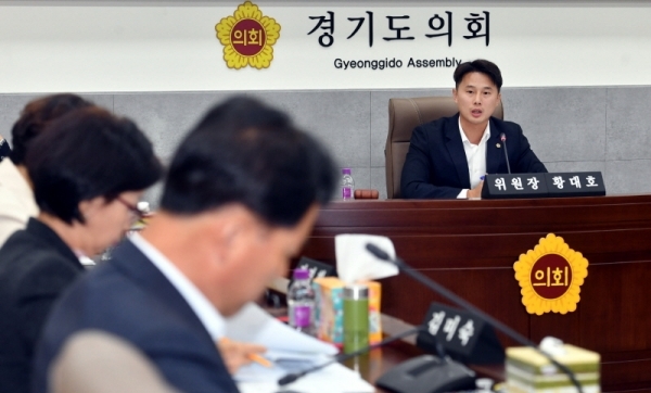 22일 경기도의회 교육행정위원회 학교체육 비리 감사 소위원회에서 황대호 위원장이 회의를 진행하고 있다.전형민기자