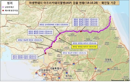 아프리카돼지열병 감염 멧돼지 폐사체 발견 현황. 국립환경과학원 제공