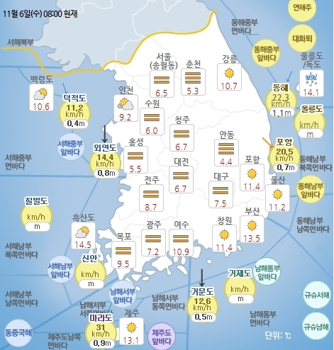 11월 6일 오전 8시 기준 날씨 현황. 기상청 홈페이지