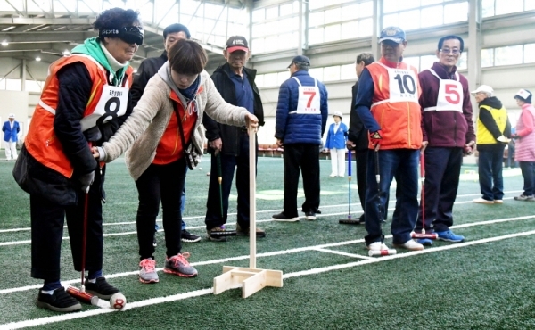7일 안양시 실내게이트볼장에서 열린 ‘제1회 경기도 시각장애인 게이트볼대회’에서 각 시대표로 출전한 시각장애인들이 경기도우미와 함께 경기를 펼치고 있다. 전형민기자