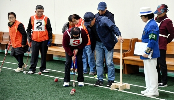 7일 안양시 실내게이트볼장에서 열린 ‘제1회 경기도 시각장애인 게이트볼대회’에서 각 시대표로 출전한 시각장애인들이 경기도우미와 함께 경기를 펼치고 있다. 전형민기자