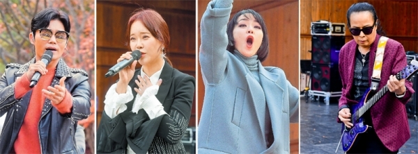 가수 김범수, 백지영, 혼성 4인조 록밴드 자우림, 인기밴드 ‘부활’의 리더 김태원이 멋진 무대를 선보이고 있다. 윤원규기자